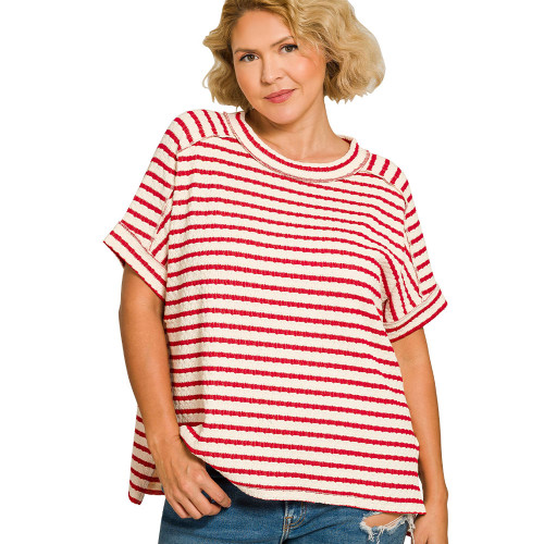 Women's Zenana Striped Short Sleeve Hi Lo T-Shirt - Plus Size Ruby Red Front Model View
