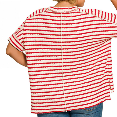 Women's Zenana Striped Short Sleeve Hi Lo T-Shirt - Plus Size Ruby Red Back Model View