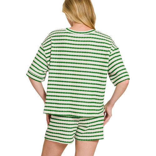 Women's Zenana Striped Short Sleeve Tee And Shorts Set Kelly Green Back Model View