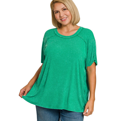 Women's Zenana Washed Ribbed Short Sleeve Boat Neck Top - Plus