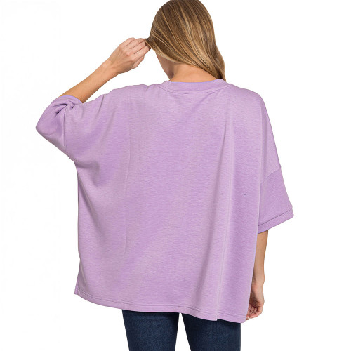 Women's Zenana Scuba Round Neck Top Lavender Purple Back Model View