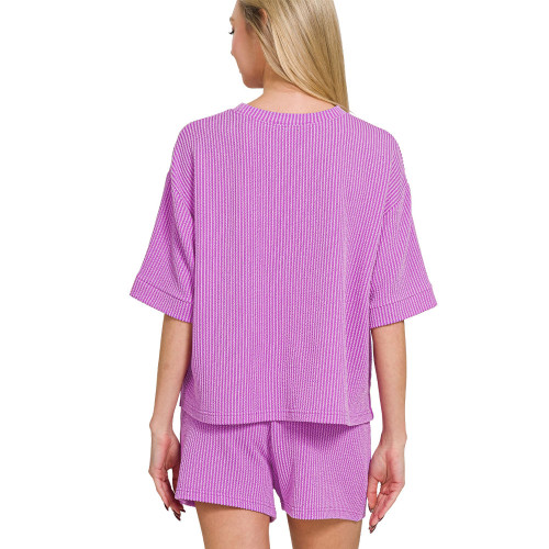 Women's Zenana Raised Rib Short Sleeve Tee And Shorts Set Spring Violet Purple Back Model View