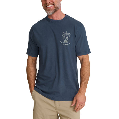 Men's Howler Bros Palmetto Print Cotton T-Shirt - Key Largo Blue Front View Of Model Wearing Shirt