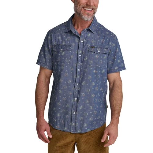 Men's Howler Bros Short Sleeve H Bar B Snapshirt Win Bouquets Washed Indigo Blue Front View Of Model Wearing Shirt