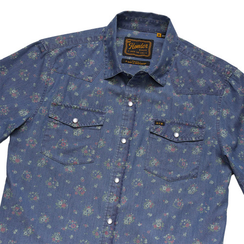 Men's Howler Bros Short Sleeve H Bar B Snapshirt Win Bouquets Washed Indigo Blue Front Detail