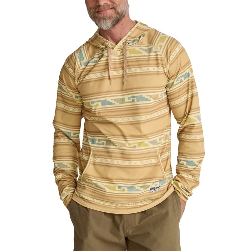 Men's Howler Bros Loggerhead Hoodie Temple Tracks Camel Front View Of Model Wearing Hoodie