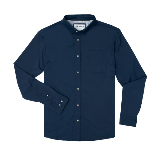 Men's Poncho Long Sleeve Ultra-Lite Solid Button Up Shirt - Uno Mas Blue Front Of Shirt