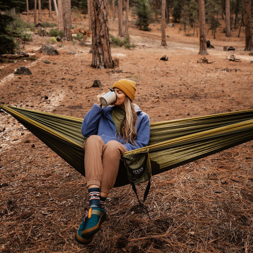 Eno Double Nest Hammock - Olive Melon Hammock Set Up With model In It