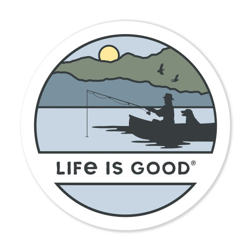 Life is Good Fishing Sunset 4" Circle Sticker Cloud White Main