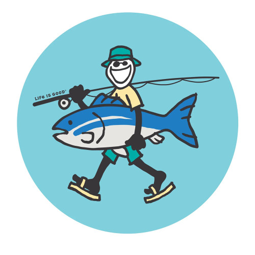 Life is Good Jake Big Fish 4" Circle Sticker Aqua Blue Main