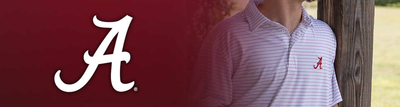 Man wearing Univeristy of Alabama white and red striped polo.