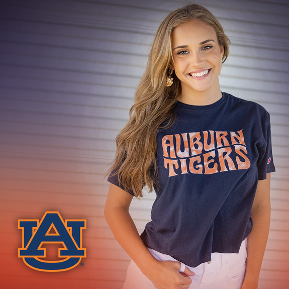 Auburn University  Southern Collegiate Apparel. Girl wearing Auburn Tigers navy and orange t-shirt.