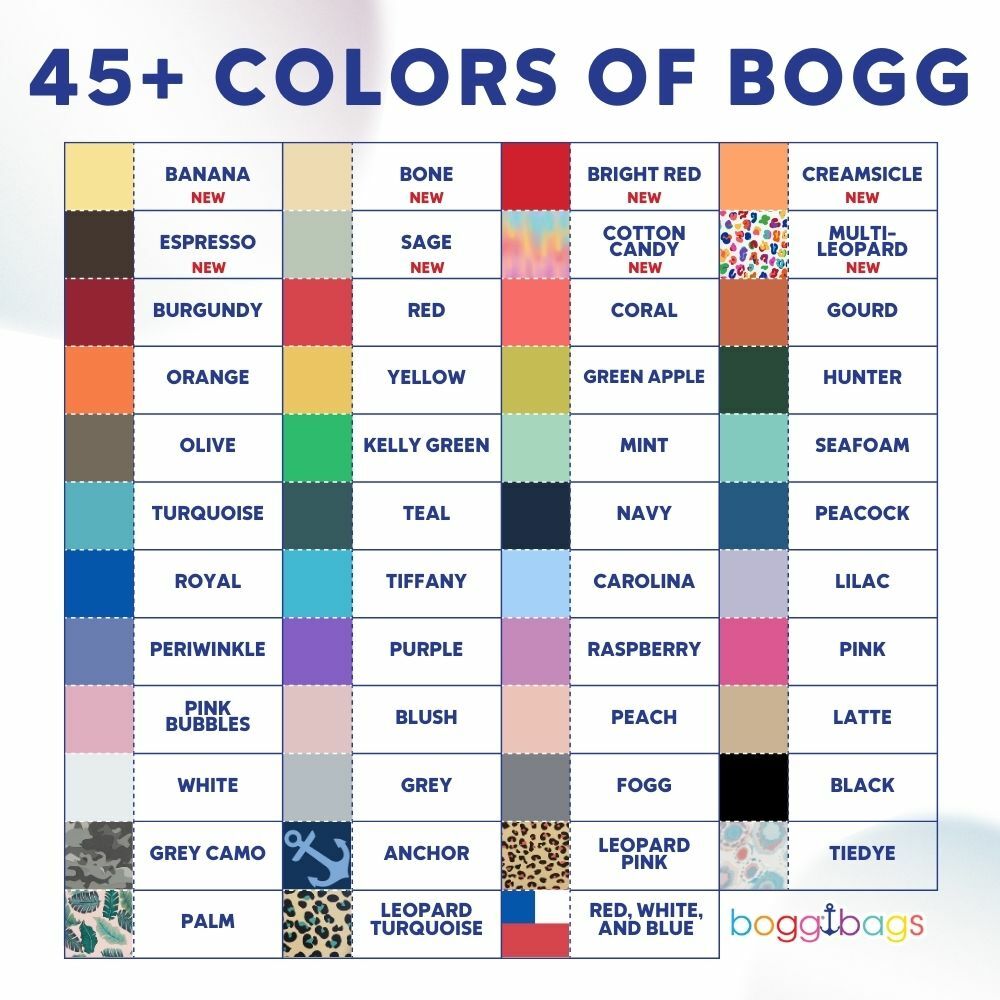 A list of all of the 47 colors available if still in stock of the Bogg Bags in stock at Eagle Eye Outfitters.