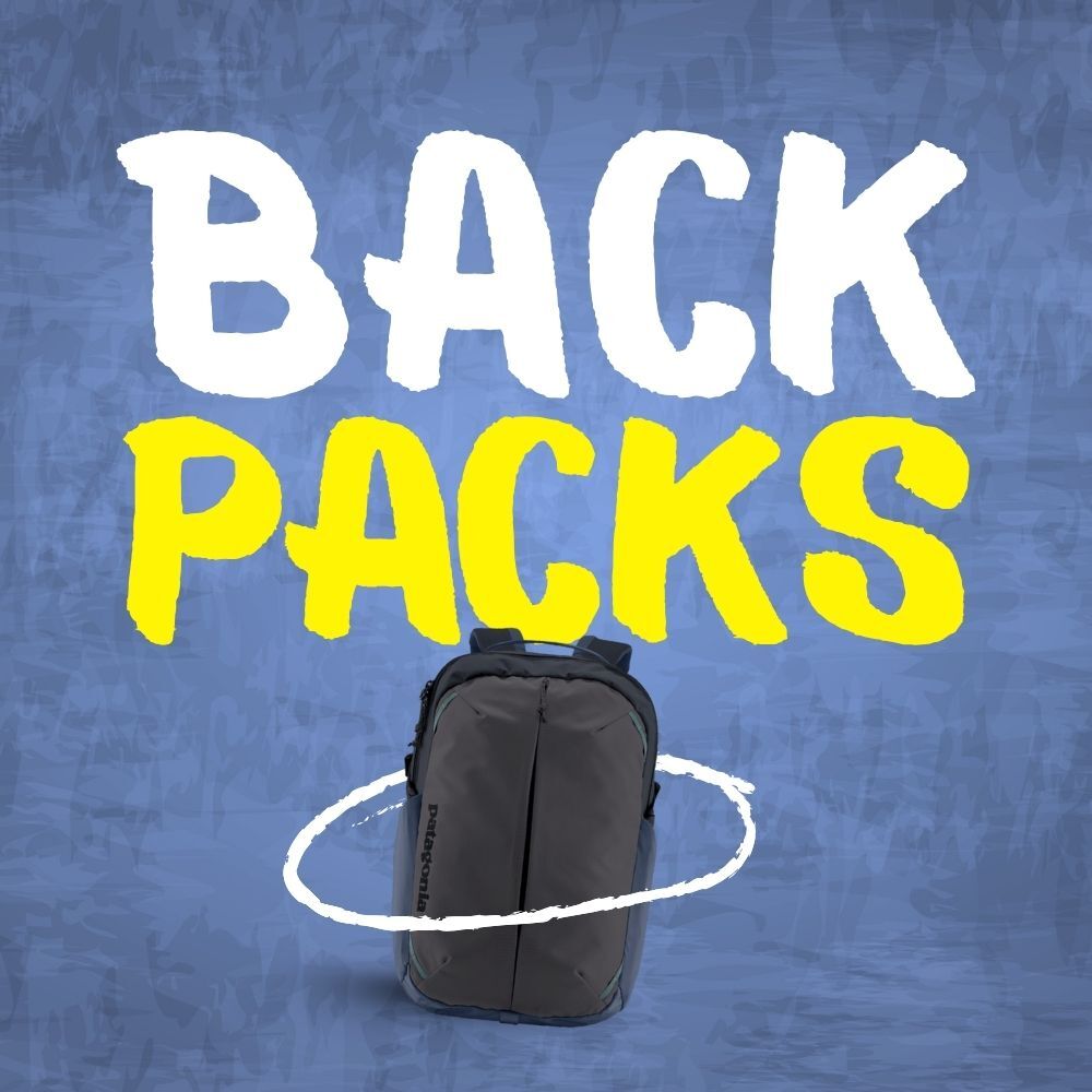 Graphic of a backpack with the phrase Backpacks underneath.