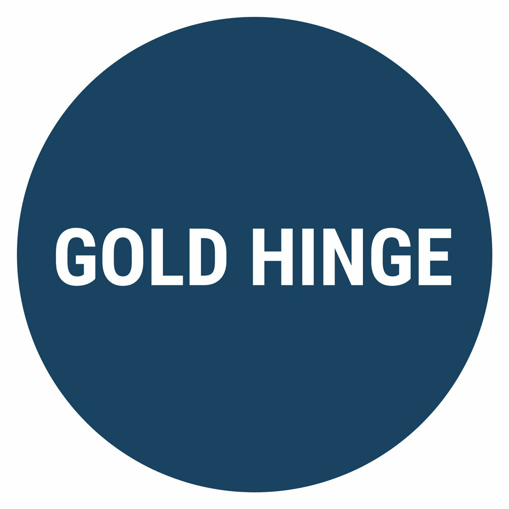 Gold Hinge logo on a blue background