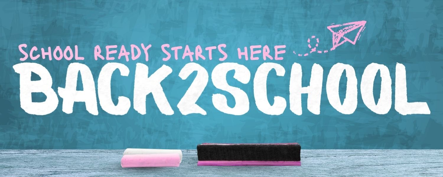 Shop Back to School on Green Background with school supply items outlined