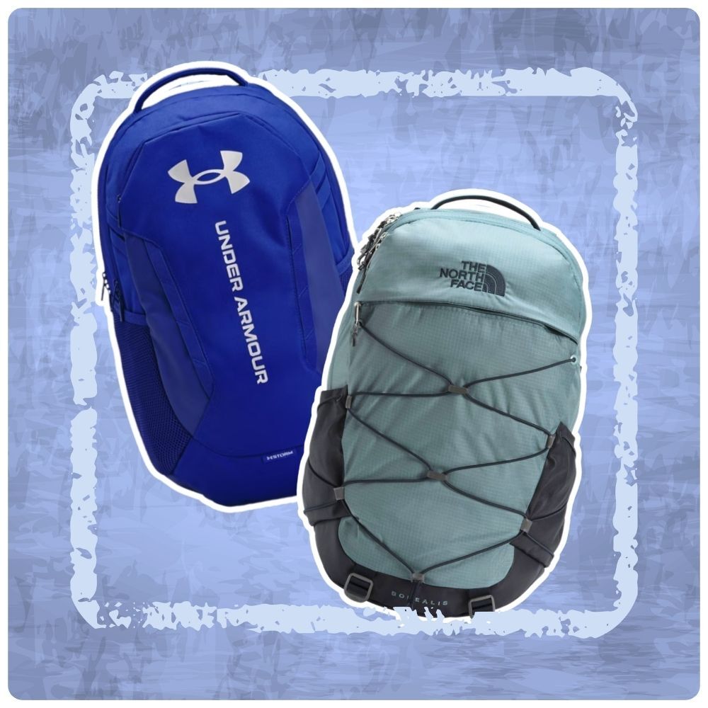 Picture of blue Under Armour backpack and a gray The North Face backpack.