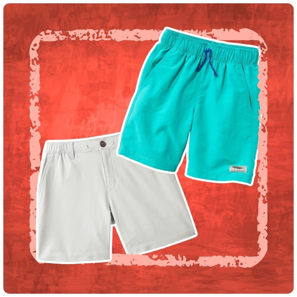 Picture of boys tan khaki shorts and teal pull on shorts.
