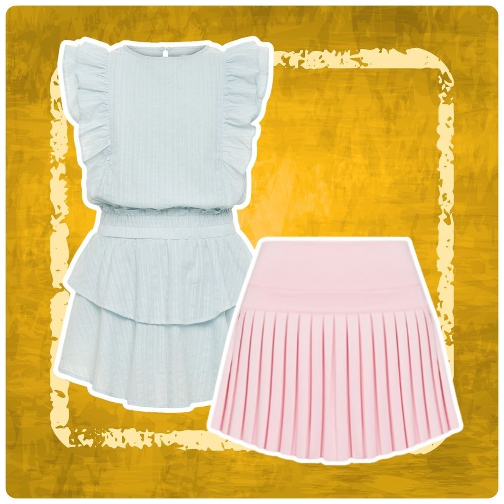 Picture of white girls dress and pink pleated skort.