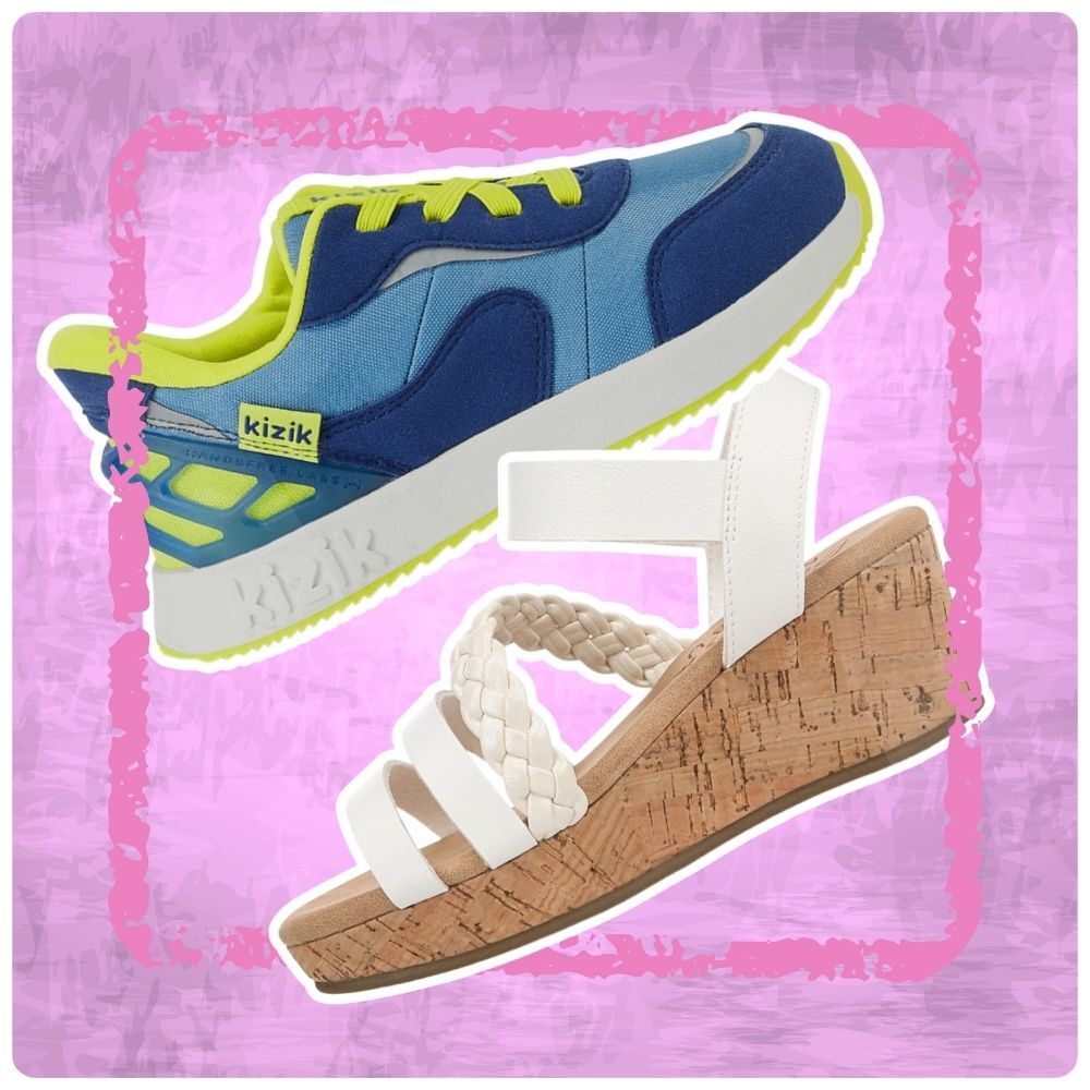 Picture of kids blue tennis shoes and white girls sandal.