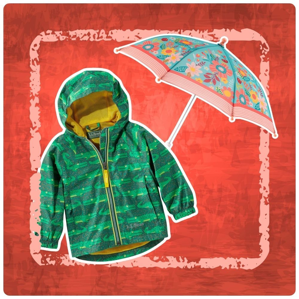 Picture of blue and green kids rain jacket and girls umbrella.