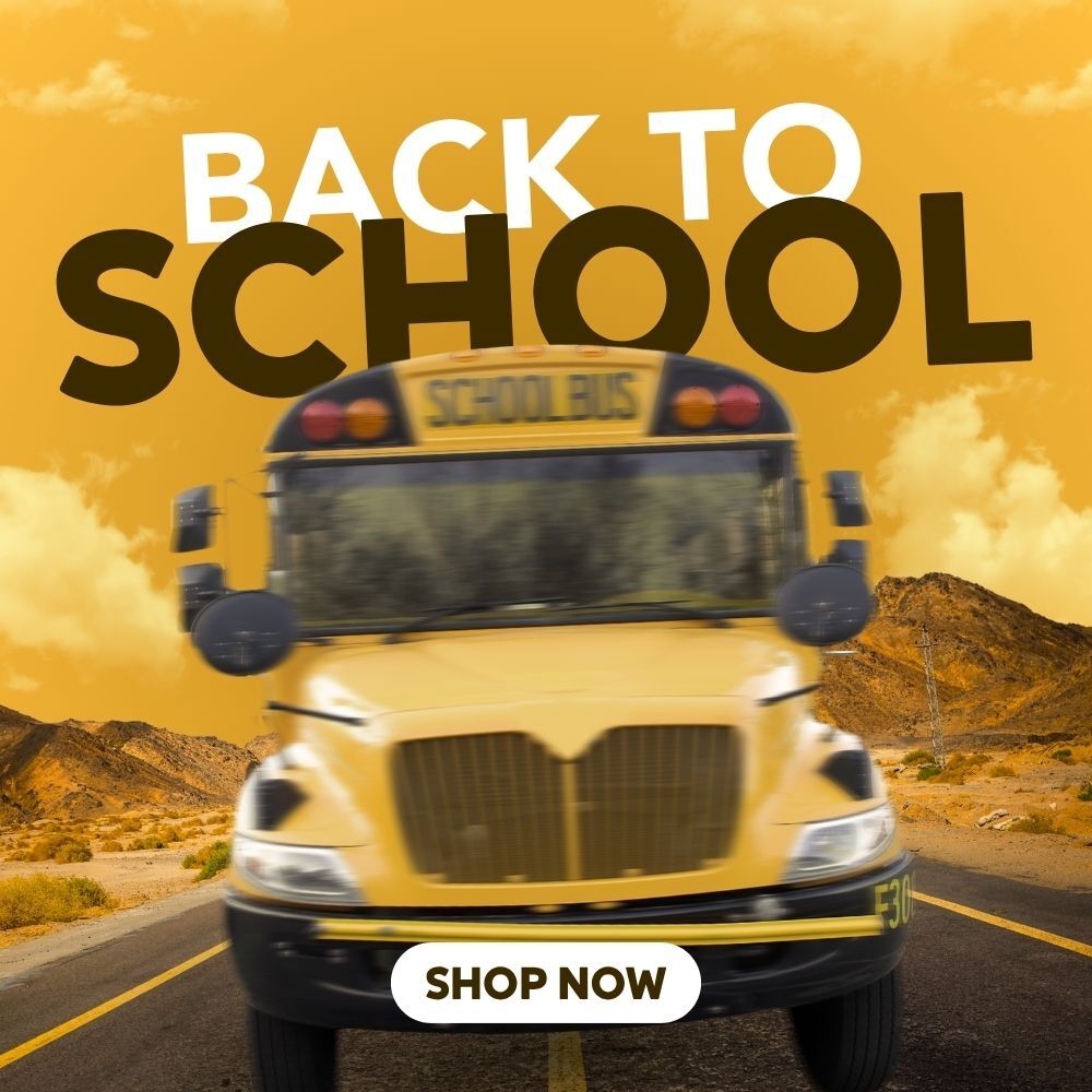 Back to School image with school bus and Shop Now text