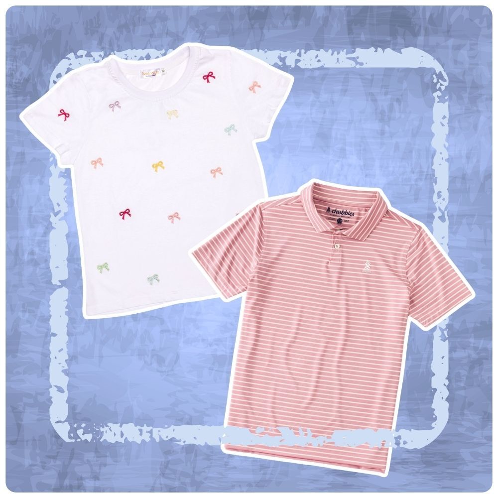 Picture of a white girls t-shirt and red and white striped boys polo shirt