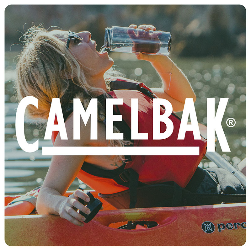 Camelbak logo over image of a girl drinking from a camelbak water bottle