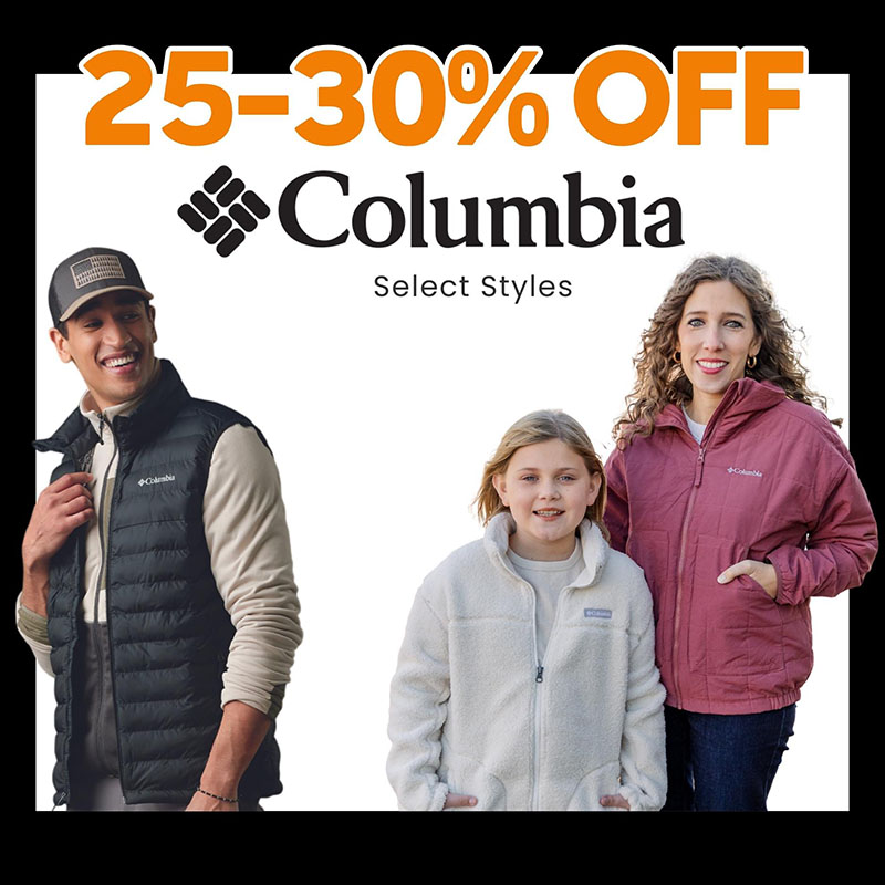 25% - 30% off select Columbia Apparel.