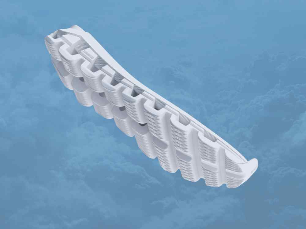 Side and bottom angle of a white flexible speedboard of an On shoe floating in the sky.