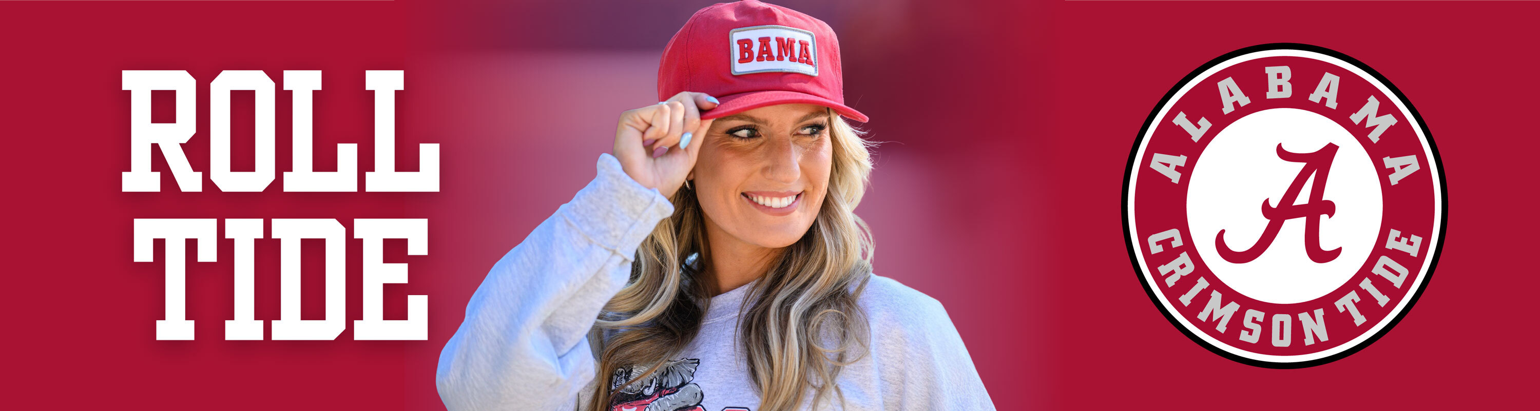 Roll Tide. Alabama Crimson Tide. Photo of Woman Wearing Bama Hat.