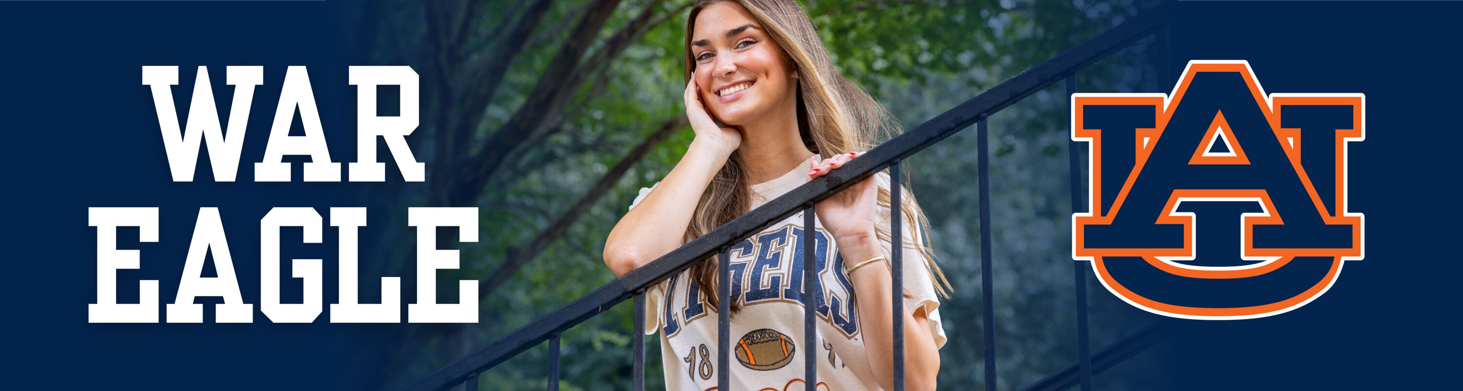 Auburn University. War Eagle. Photo of woman wearing Auburn Tigers t-shirt.