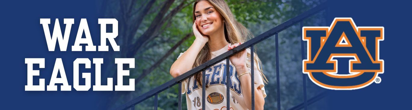 Auburn University  Southern Collegiate Apparel. Girl wearing Auburn Tigers navy and orange t-shirt.