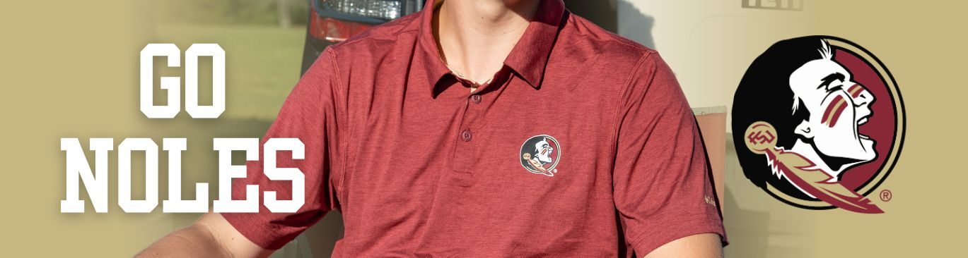 Florida State University Southern Collegiate Apparel. Two male students holding Yeti cooler tailgating wearing Florida State University red shirts.