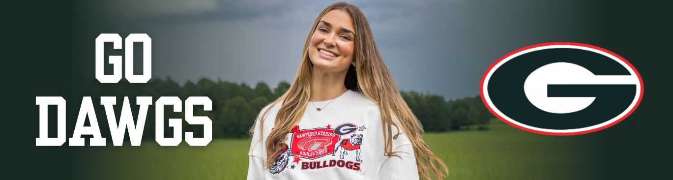 The University of Georgia Southern Collegiate Apparel. Girl cheering wearing grey Georgia Bulldogs t-shirt.