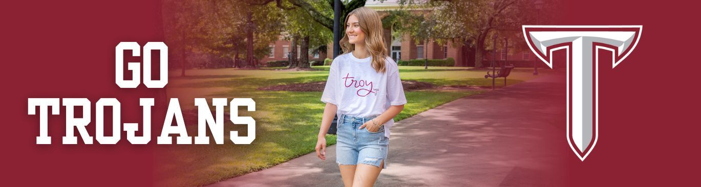 Troy University  Southern Collegiate Apparel. Group of students cheering wearing Troy University t-shirts, polos and shirts.