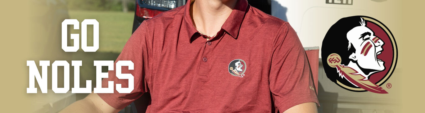 Florida State University Southern Collegiate Apparel. Two male students holding Yeti cooler tailgating wearing Florida State University red shirts.