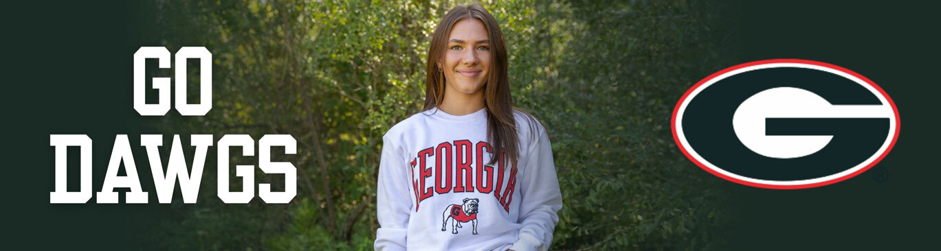 The University of Georgia Southern Collegiate Apparel. Girl cheering wearing grey Georgia Bulldogs t-shirt.