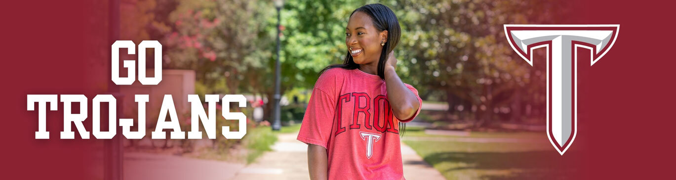 Troy University  Southern Collegiate Apparel. Group of students cheering wearing Troy University t-shirts, polos and shirts.