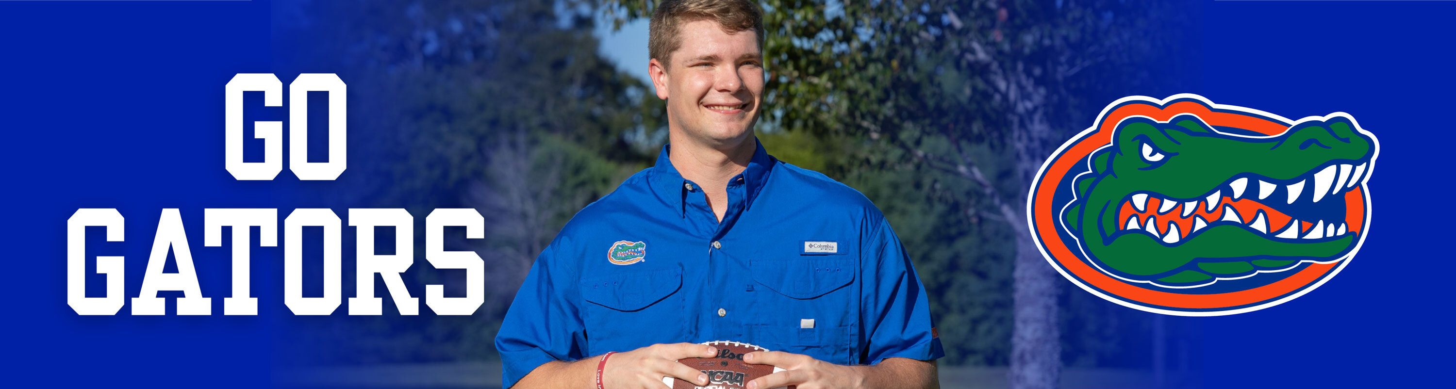 The University of Florida Collegiate Apparel. Man throwing football wearing a blue Florida Gators short sleeve button down shirt.