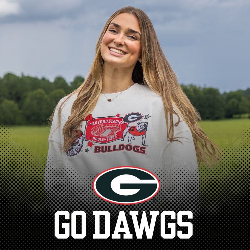 The University of Georgia Southern Collegiate Apparel. Girl cheering wearing grey Georgia Bulldogs t-shirt.