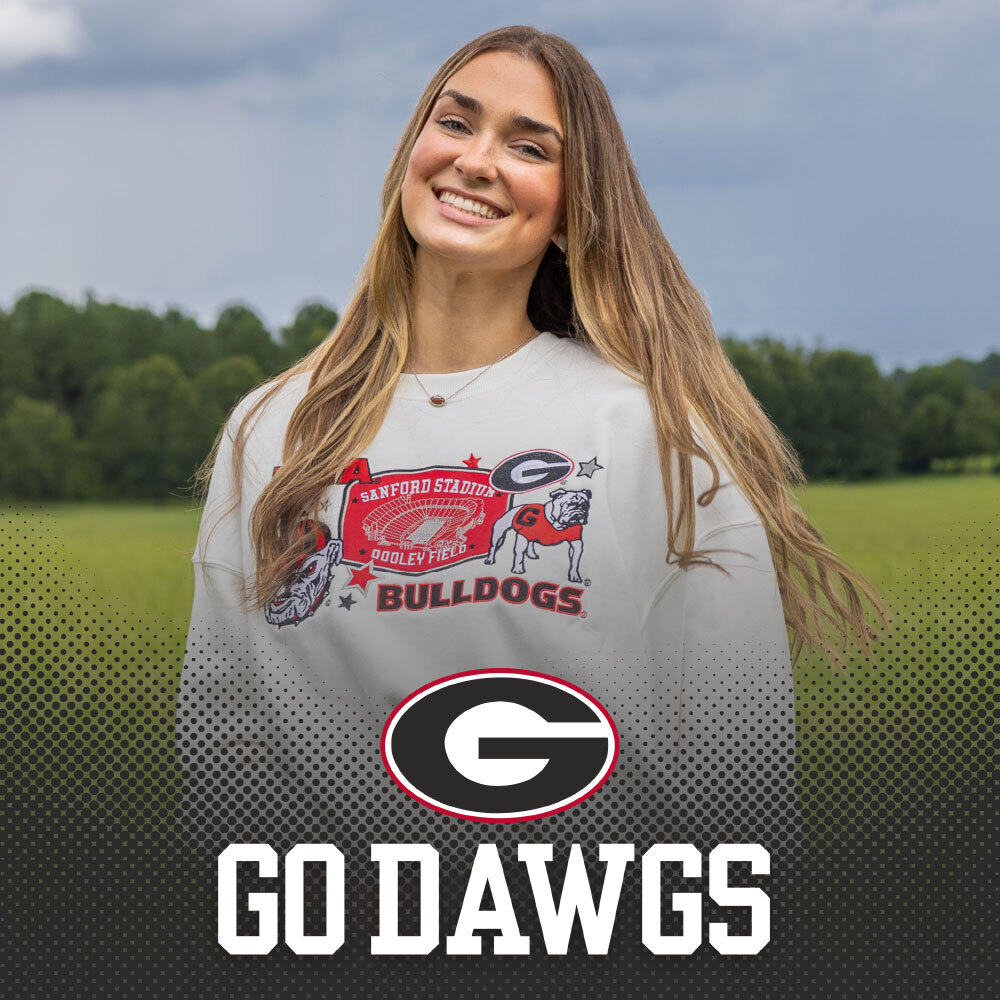 The University of Georgia Southern Collegiate Apparel. Girl wearing Georgia Bulldogs sweatshirt.