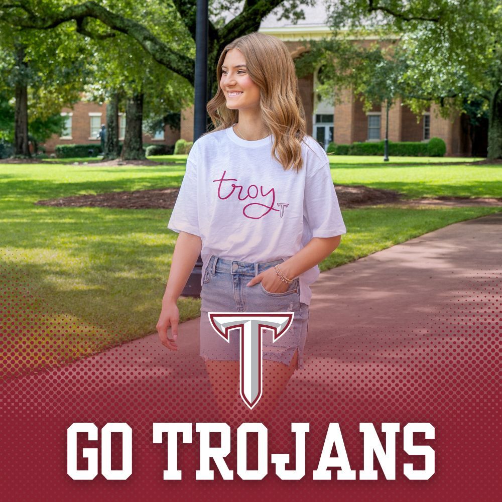 Troy University  Southern Collegiate Apparel. Group of students cheering wearing Troy University t-shirts, polos and shirts.