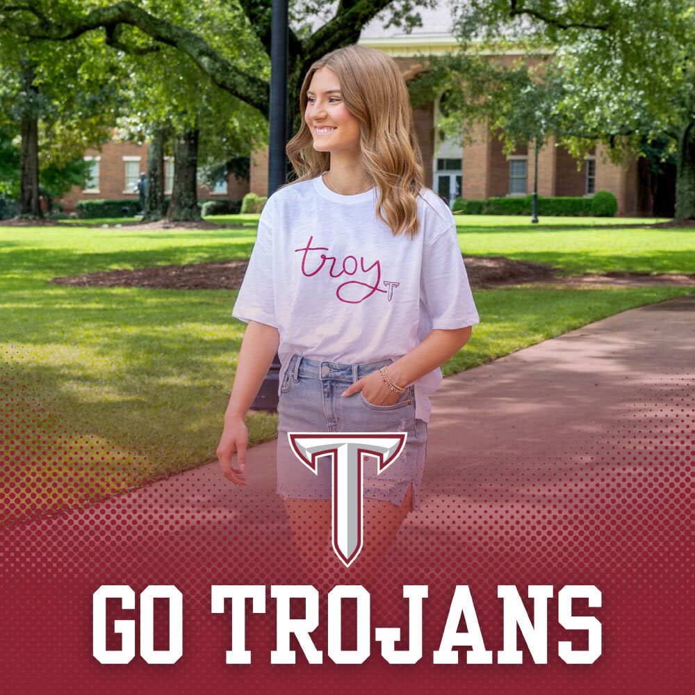 Troy University  Southern Collegiate Apparel. Group of students cheering wearing Troy University t-shirts, polos and shirts.