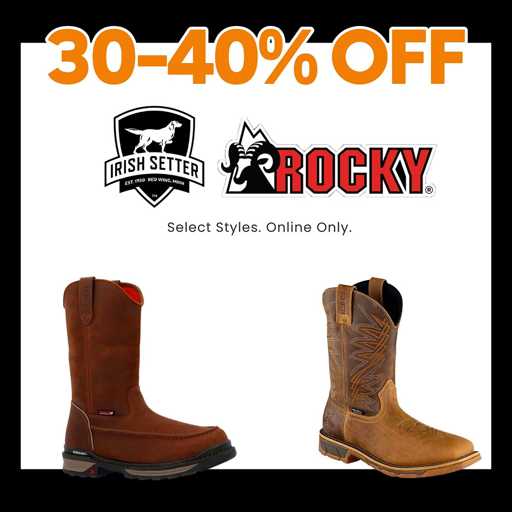 Online Only 30% - 40% off select Irish Setter and Rocky Boots