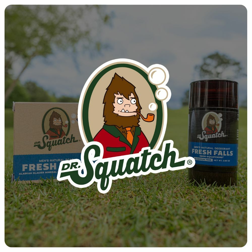 Dr. Squatch logo over a bar of Fresh Falls scented deodorant and bar soap..