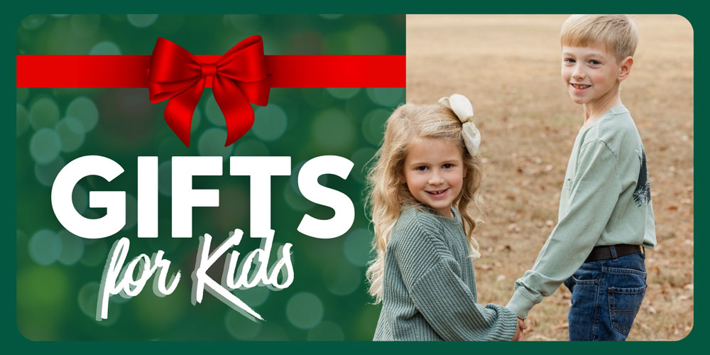 Gifts for Kids. Image features a picture of two kids, a boy and a girl holding hands