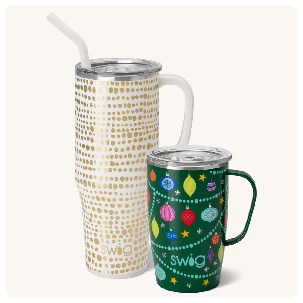 Picture of two holiday themed Swig insulated travel mugs.