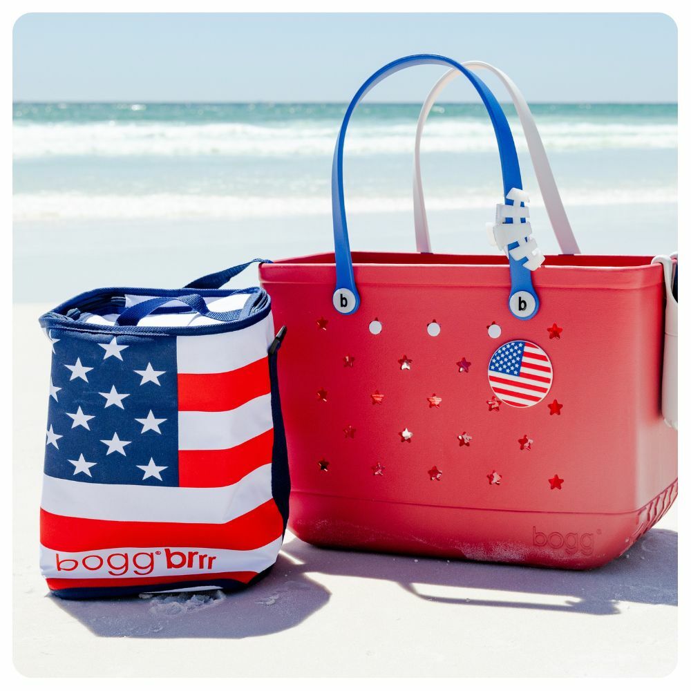 A Red White and Blue Bogg Bag and USA Half Cooler