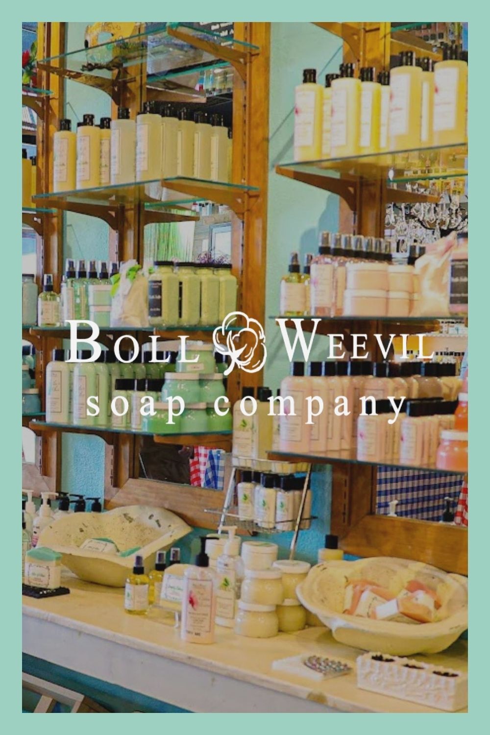 Boll Weevil Soap Co. Logo over image of personal care products